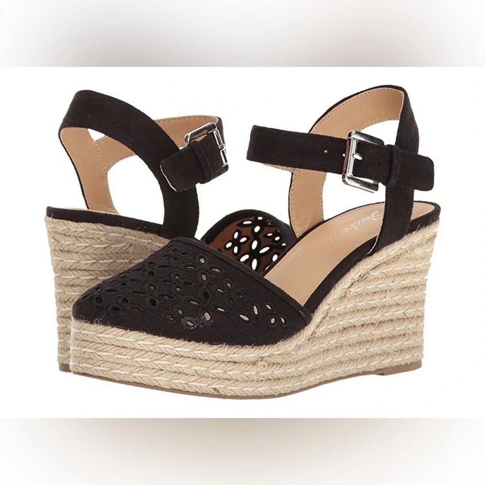 Skechers Black Cut out Espadrille Wedge Sandals size 8 boho spring summer shoe
